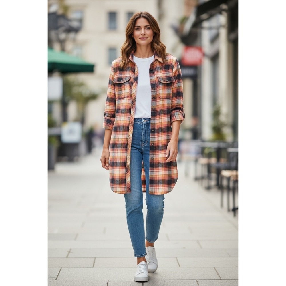 Duluth Trading Co Womens Orange Plaid Free Swingin Flannel Tunic Shirt Medium